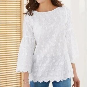 Soft Surroundings White Rosalie Daisy Floral Embroidered Bell Sleeve Blouse S